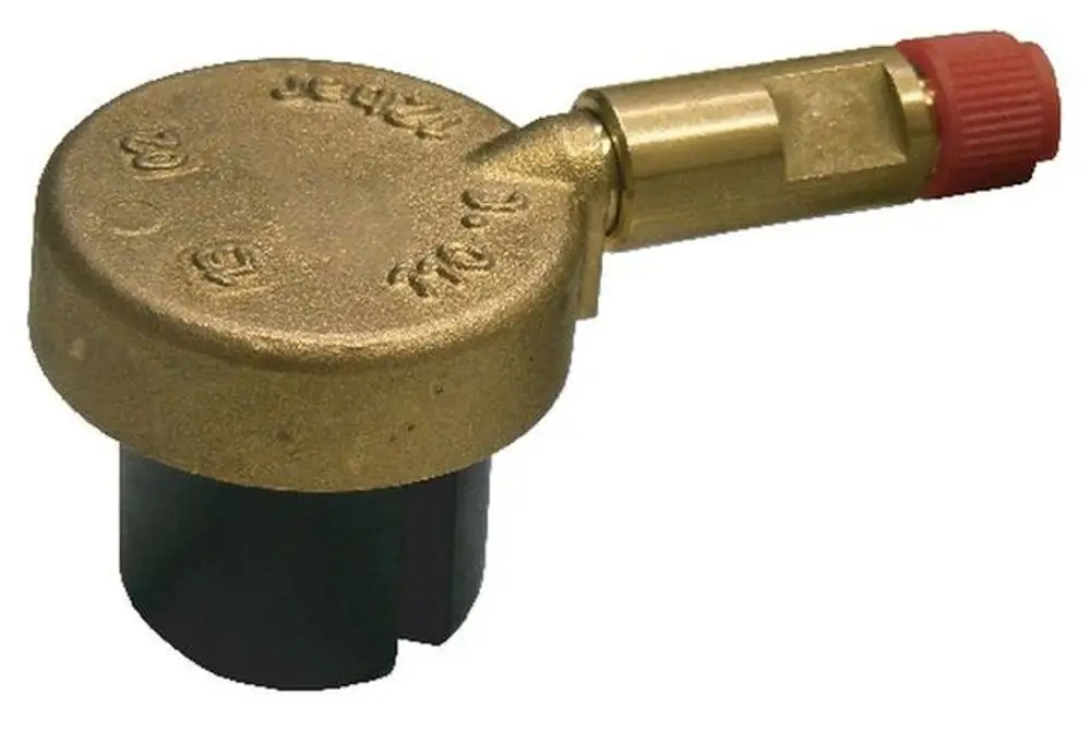 Syr Schnellentlüfter in runder Form mit einem bronzefarbenen Oberteil und einem roten Ventilkopf, zur Verwendung in Heizungsanlagen.